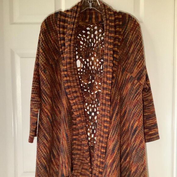 Multiples Sweaters - Boho Open Front Cardigan Duster Crochet Back Fall Cozy Sweater Multicolor